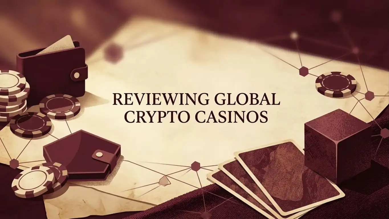 Abstract casino chips, crypto wallet shapes and game tiles on a dark editorial desk